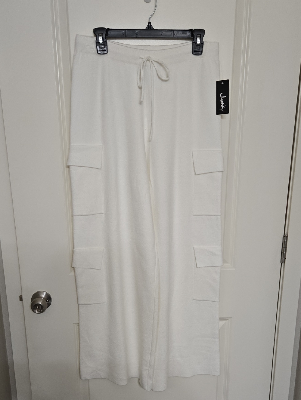 Justify Ivory Wide-Leg Cargo Knit Pants with Drawstring